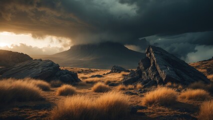 Cloudy storms gather over a grassy, rocky volcanic valley.