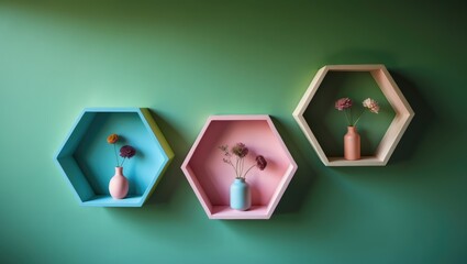 Colorful creative wooden shelf in pentagon shape for decoration