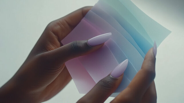Palette in Hand: A close-up shot of a woman's hands gently holding a fan of pastel-colored paper, showcasing the smooth gradient transitions and refined aesthetic.