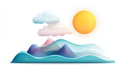 Vibrant Landscape Illustration Featuring Stylized Mountains, Clouds, and Shining Sun