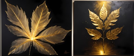 Mixed media artworks blending spray paint charcoal sketches and shimmering gold leaf on canvas