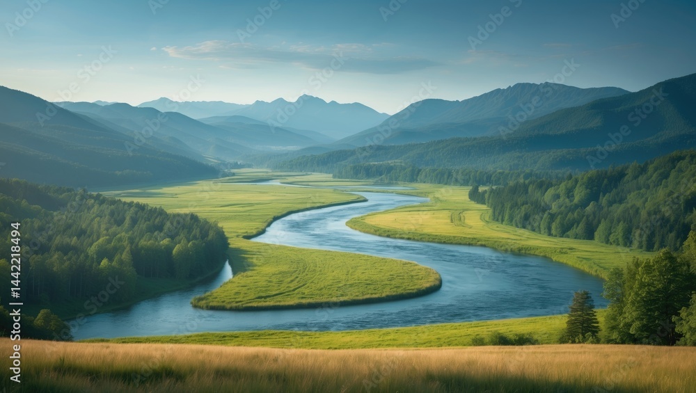 Aufkleber lofty outlook of lake enveloped by dense timberland and mountainous terrain, seen from route in the 