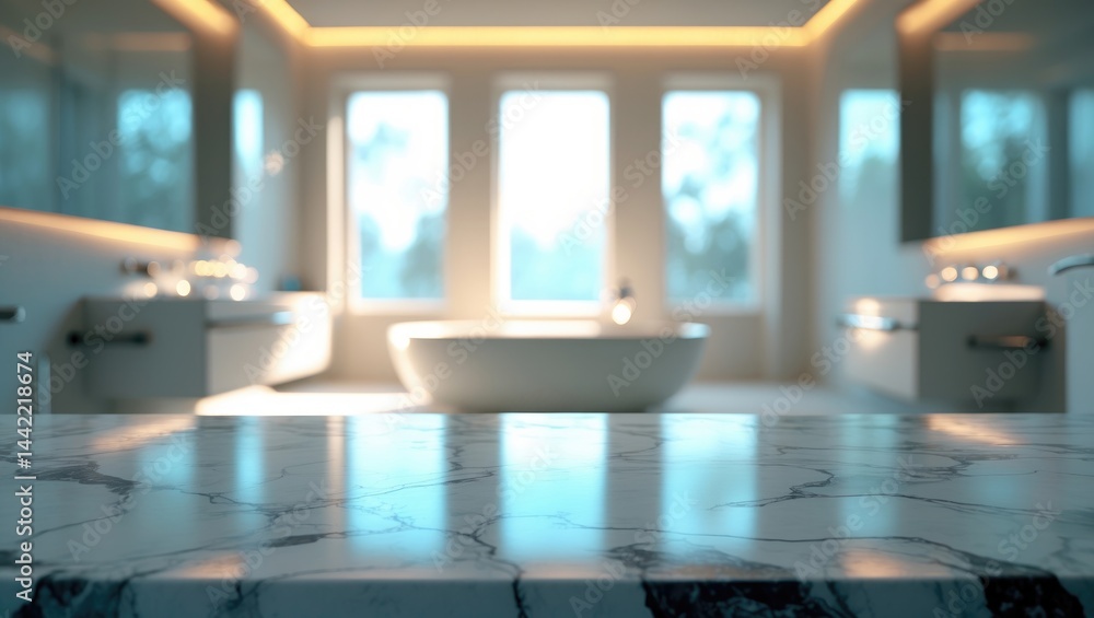 Aufkleber Blank marble tabletop with an out-of-focus interior setting for displaying products.