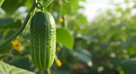 Fresh Cucumber Growing on Vine in Greenhouse