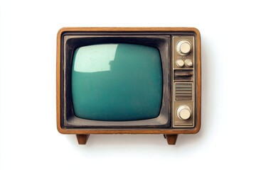 Vintage Retro TV nostalgic teal screen old wooden classic home entertainment with aged knobs and