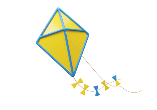 Flying kite toy yellow and blue kite diamond kite summer activity outdoor toy kite flying fun leisure pastime on transparent background