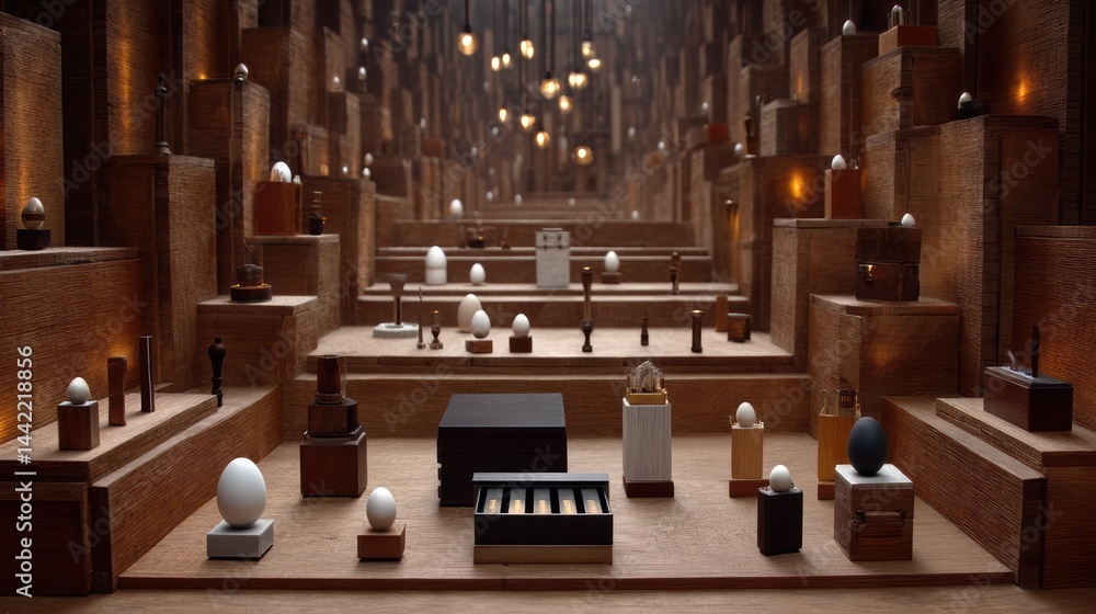 Poster a under 200 characters: wooden platforms display various eggs, boxes, and abstract objects in a diml