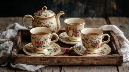 Fototapeta premium Elegant Tea Set with Floral Design and Steam on Rustic Table