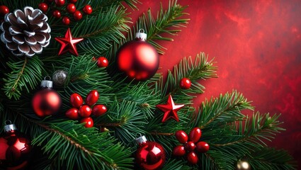 Obraz premium Fir branches alongside Christmas decorations set against a background.