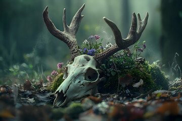 Forest floor scene with deer skull adorned with wildflowers.