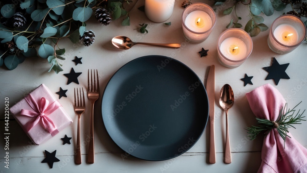 Poster festive table arrangement in vintage rustic style featuring candles and eucalyptus, flat lay with sp