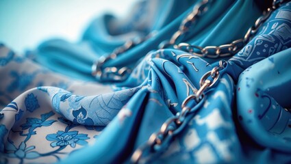 Blur - Fabric showcasing soft blue shades with chain highlights, combining traditional patterns and modern grace. Perfect for textile design and imaginative visuals.