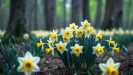 Obraz premium Yellow daffodils blooming in a clearing within a spring forest