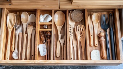 Organized wooden kitchen utensils in a neat drawer arrangement