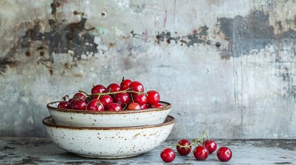 Fresh Red Cherries in Rustic Bowls on Weathered Table Surface