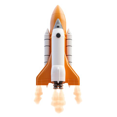 Orange and white rocket launching into space with plumes of smoke