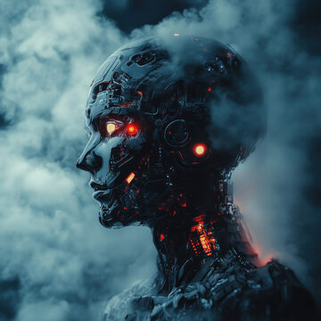 Artificial Consciousness: A close-up portrait of a robotic figure, rendered in striking detail with glowing red eyes and smoke emanating from its mechanical body, hinting at a profound.