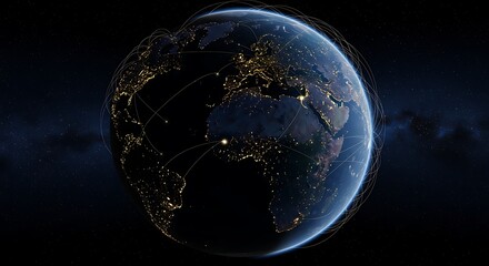 Earth Globe at Night Showing City Lights with Connection Lines