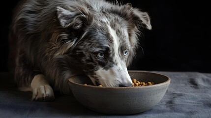 Fototapeta premium Focused Blue-Eyed Dog Enjoying Meal from Bowl in Low Light Setting