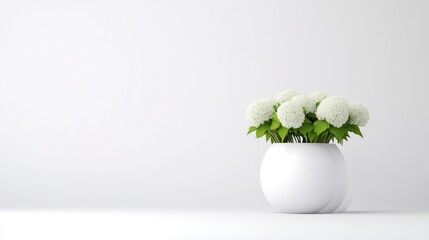 Hydrangea Bouquet in White Pot Minimalist Clean Style High-resolution Studio Lighting Center Composition Simple Arrangement Peaceful Display White Background Pure Serenity Ideal for Home Decor