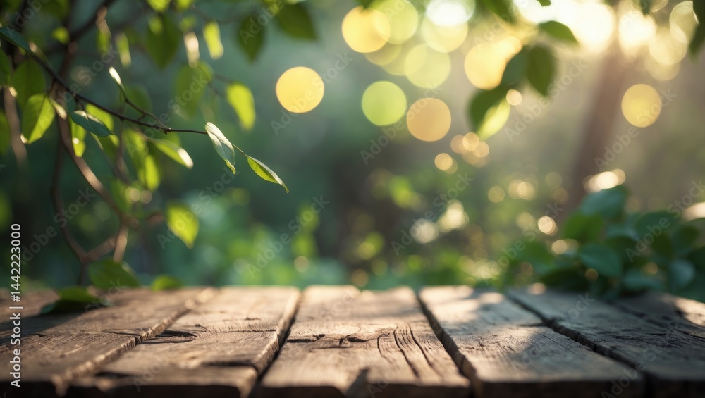 Poster vacant wooden table top set against a blurred fresh green background illuminated by sunlight for pro