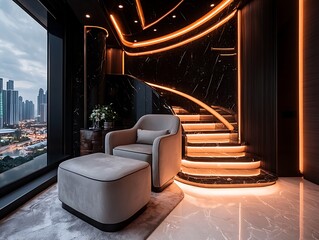 Luxury, modern, opulent interior design with a curved staircase
