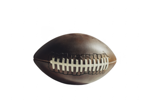 Detailed close-up of brown leather football with white laces, showcasing texture and form, on a transparent background, PNG image, PNG file.