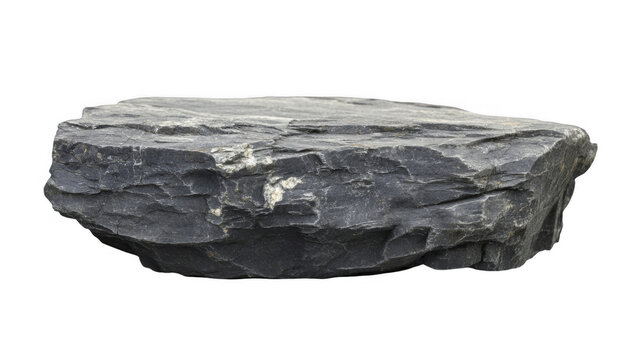 Dark gray sedimentary rock with rough, uneven texture, showing layers and mineral deposits, side view isolated on a transparent background, PNG image, PNG file.