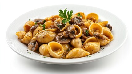 Plate of Conchiglione with Porcini Mushrooms, Elegant Italian Shell Pasta Dish on a White Background