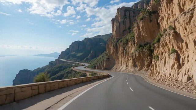 Scenic coastal road winding through mountains in Constantine, Algeria under blue sky
