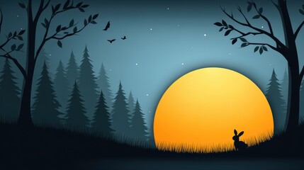 Fototapeta premium A small rabbit sits in the grass, gazing at a large yellow sunset behind a forest with trees, birds, and a calm twilight sky.
