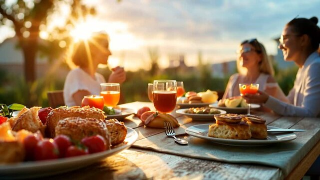 Warm sunset illuminates a family enjoying an outdoor meal.  Pastries, fruit, and drinks are on a rustic wooden table. Focus is on the food, with blurred figures in the background
