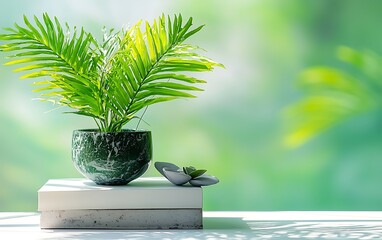 Verdant plant in speckled pot, serene setting