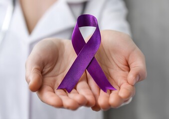 Plum purple ribbon for raising awareness on Alzheimer's disease, breastfeeding, eating disorder, national family caregivers month and epilepsy illness with bow in doctor’s hand support