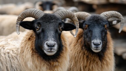 Obraz premium Two Rams Staring: Majestic Horned Sheep in Focus