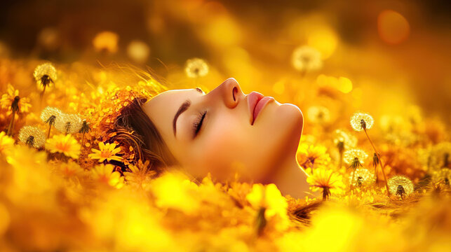 Serene Reflection: A woman finds tranquil repose, her visage gently cradled amidst a field of yellow blooms, her closed eyes whispering of inner peace.