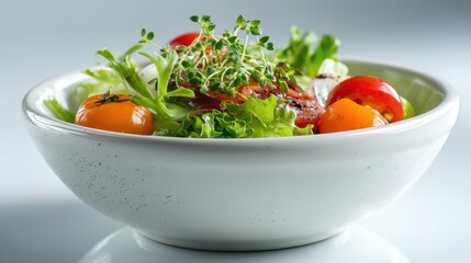 a white ceramic bowl with a salad on a white isolated background, fresh and green lighting