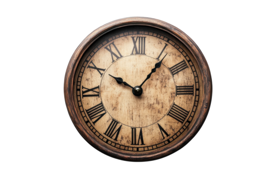 Antique Roman numeral clock isolated on white background showing time vintage style aged wood frame