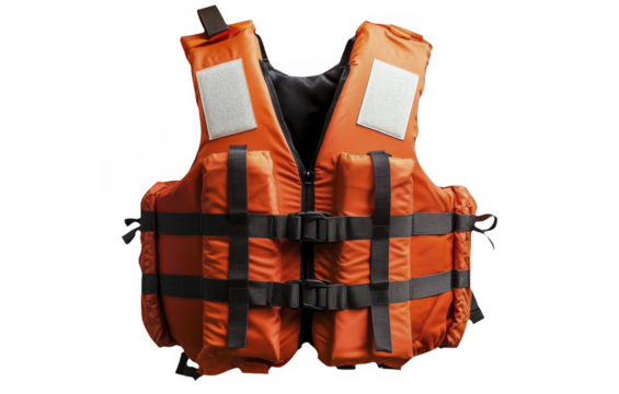 Vivid orange life jacket for boating, safety, and water activities, featuring reflective tape and adjustable straps on a transparent background, PNG image, PNG file.