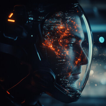Cybernetic Odyssey: A profile shot of a man in a futuristic helmet with transparent visor, the helmet illuminated with an intricate network of cybernetic connections.