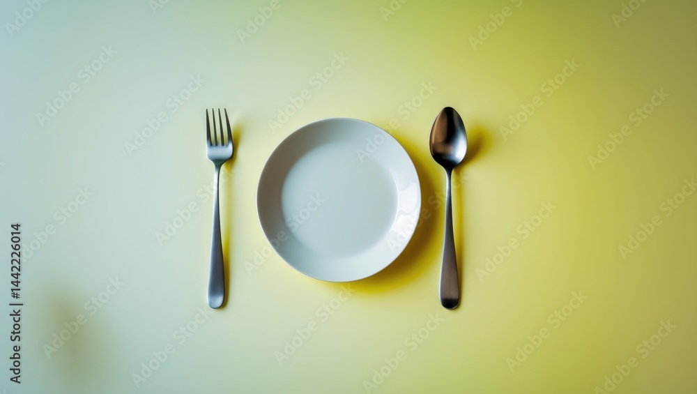 Poster meal preparation theme with an empty white plate alongside fork and spoon.