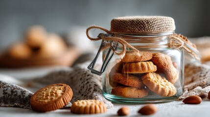 a jar of homemade cookies on a white isolated background, warm and inviting look