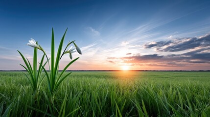 Obraz premium A under 200 characters: White wildflowers stand tall in a lush green field at sunrise, with a vibrant sky and sun peeking over the horizon.