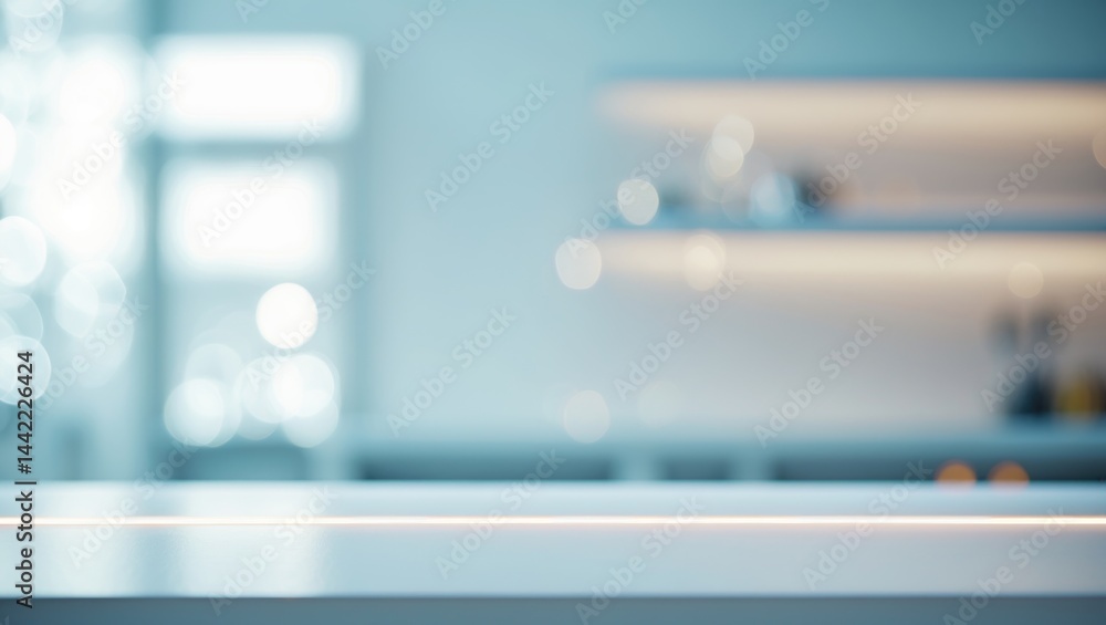 Aufkleber clear white table top, blurred counter and desk background with a bokeh light effect, showcasing a s