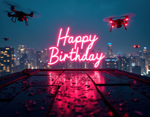 Happy birthday celebration with neon sign and drones in cityscape at night