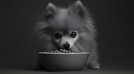 Obraz premium Affectionate Pomeranian Dog Eating Pet Food from Modern Bowl