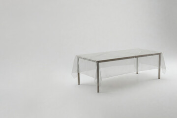 A table with a transparent tablecloth on a light background. Space for text.