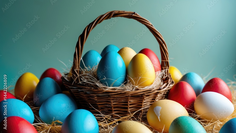 Poster background displaying an easter basket filled with colored eggs.