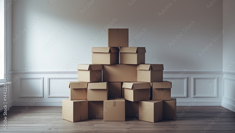 Aufkleber Unoccupied area with a collection of boxes, symbolizing the moving process.
