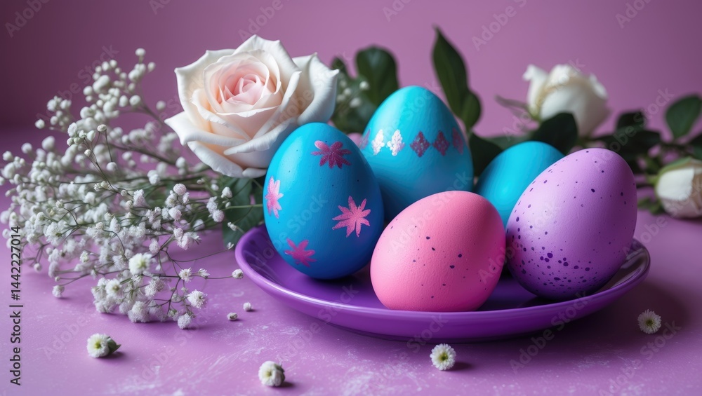 Poster Easter eggs arranged on pastel-colored background. Custom painted decor. Real horizontal image with a classic color scheme.